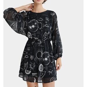 Desigual Womens Celestial Dress Black Accent Print Sz S Sun Moon Stars